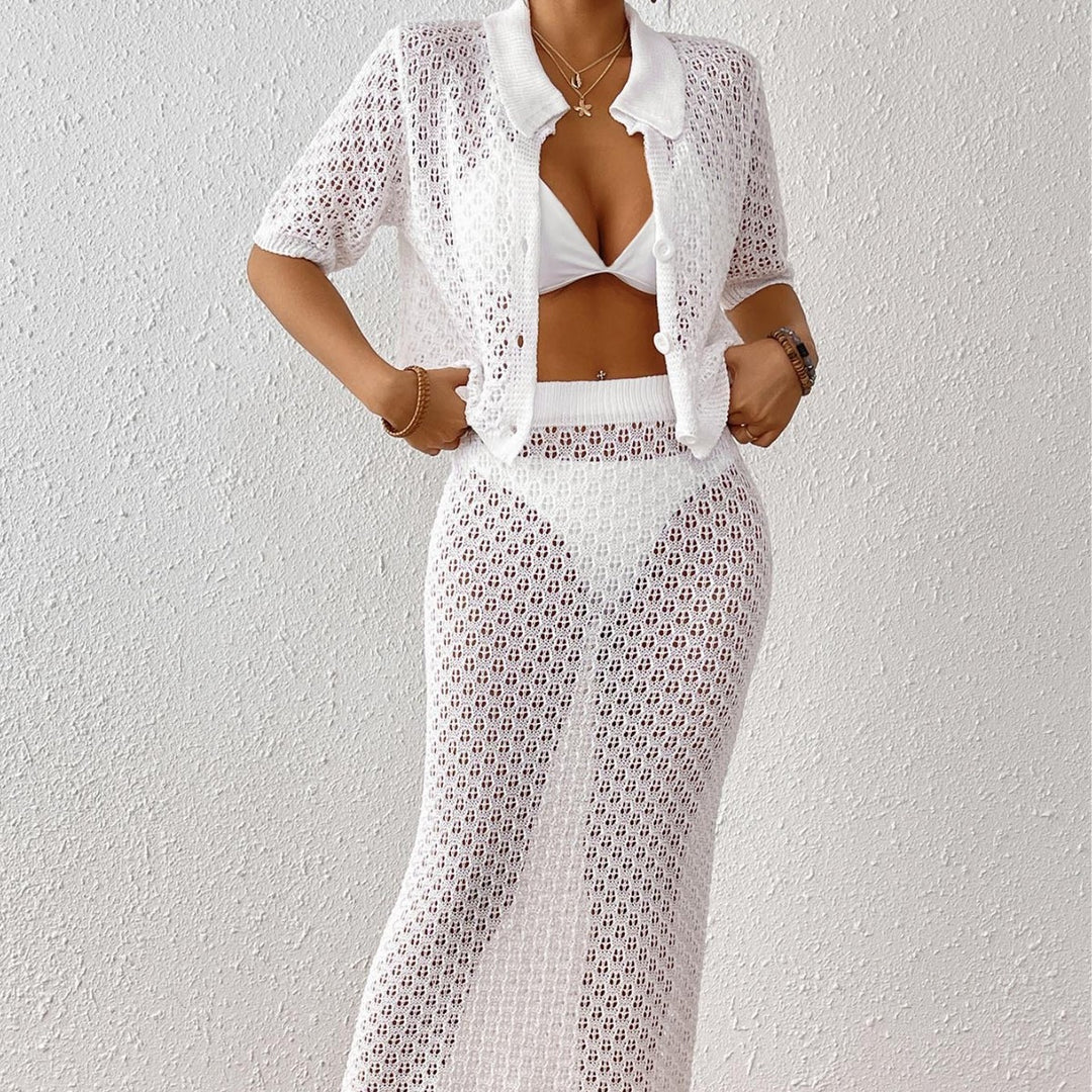 Damen luftiger Strick-Strandüberwurf mit eleganter Knopfleiste Drune