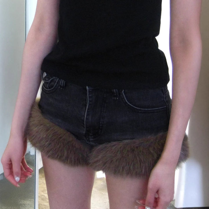 Damen Jeansshorts mit luxuriösem Kunstpelzsaum Drune