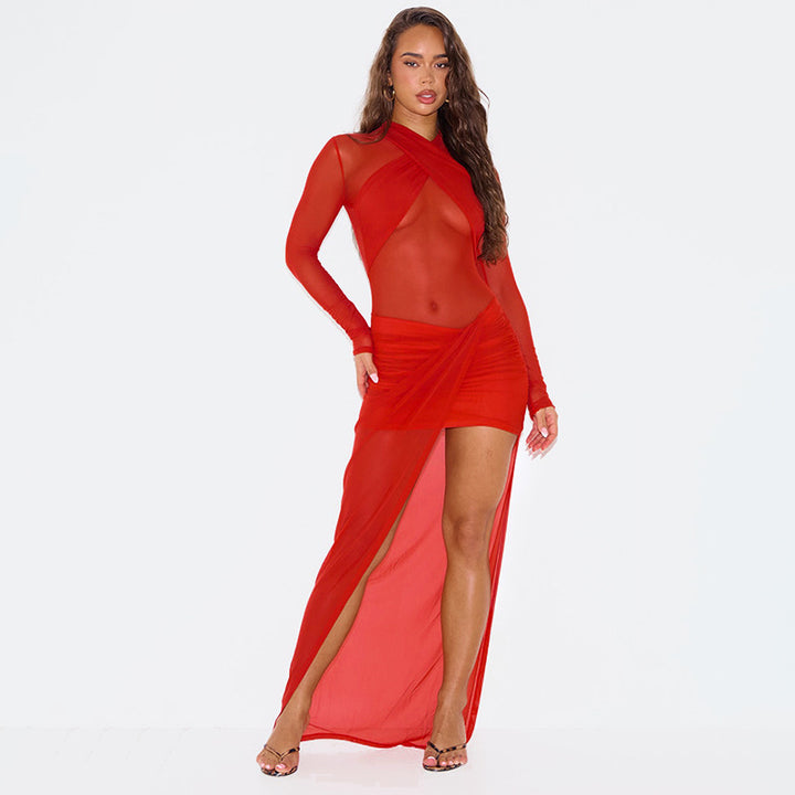 Damen Transparente Maxikleid mit Drapierungen und hochgeschlossenem Design Drune