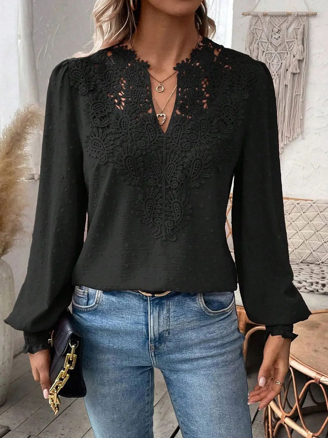 Damen elegante Bluse mit besticktem V-Ausschnitt Drune