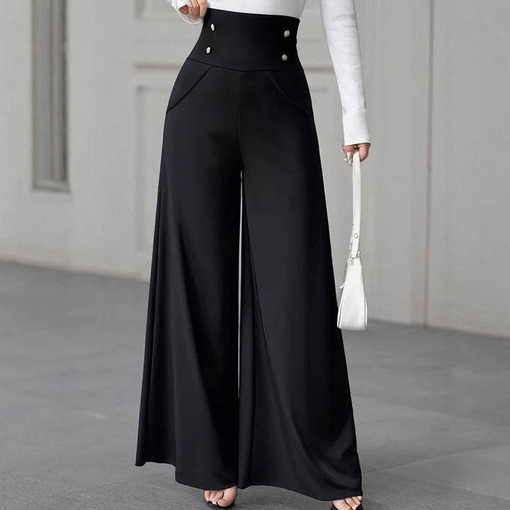 Damen Hochtaillierte Palazzo-Hose mit dekorativen Knöpfen Drune