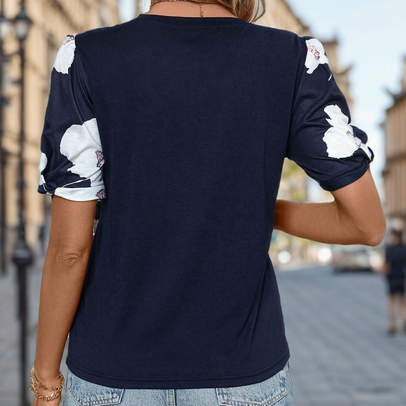 Damen floral besticktes Kurzarmshirt mit Puffärmeln Drune