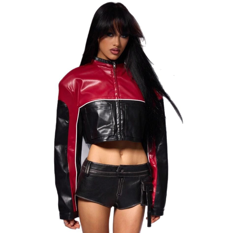 Damen cropped Bikerjacke mit kontrastierenden Ärmeln Drune