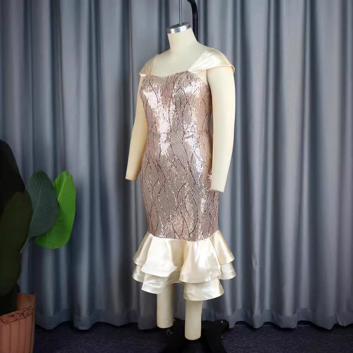 Damen Elegantes Abendkleid mit schimmernden Pailletten und femininem Rüschensaum Drune
