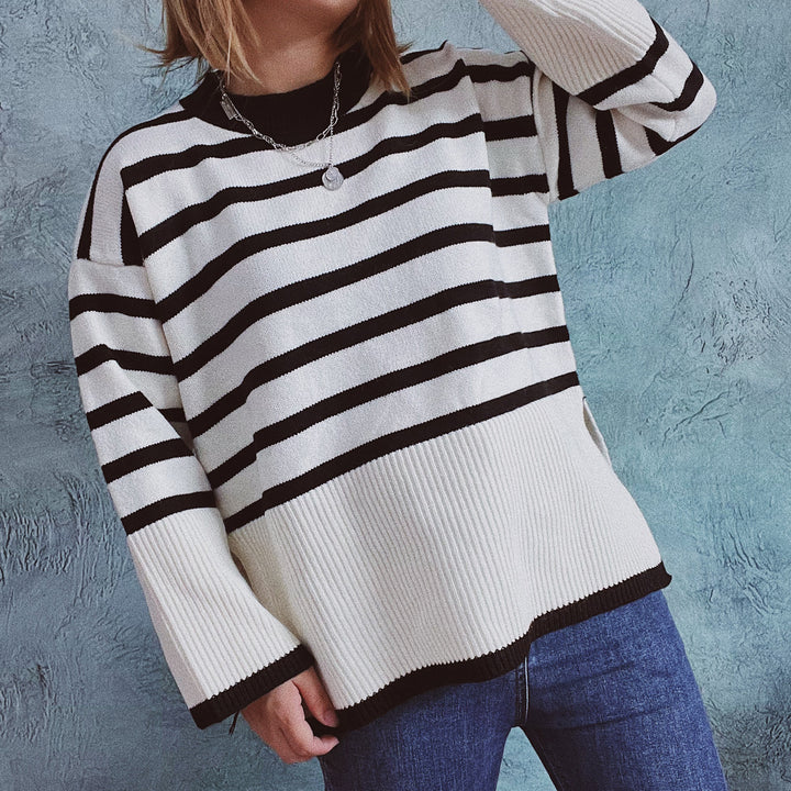 Damen lässiger Strickpullover mit modernem Streifenmuster und feiner Rippstruktur Drune