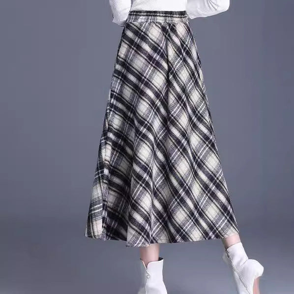 Damen nan taillierter A-Linien-Midirock mit Karo-Muster, Eingriffstaschen und Wollmix Drune