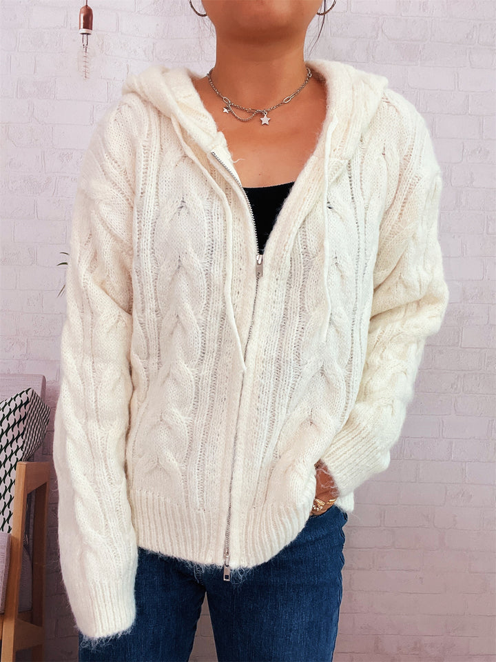 Damen gestreifter Grobstrick-Zip-Hoodie mit Kapuze und weichem Material Drune