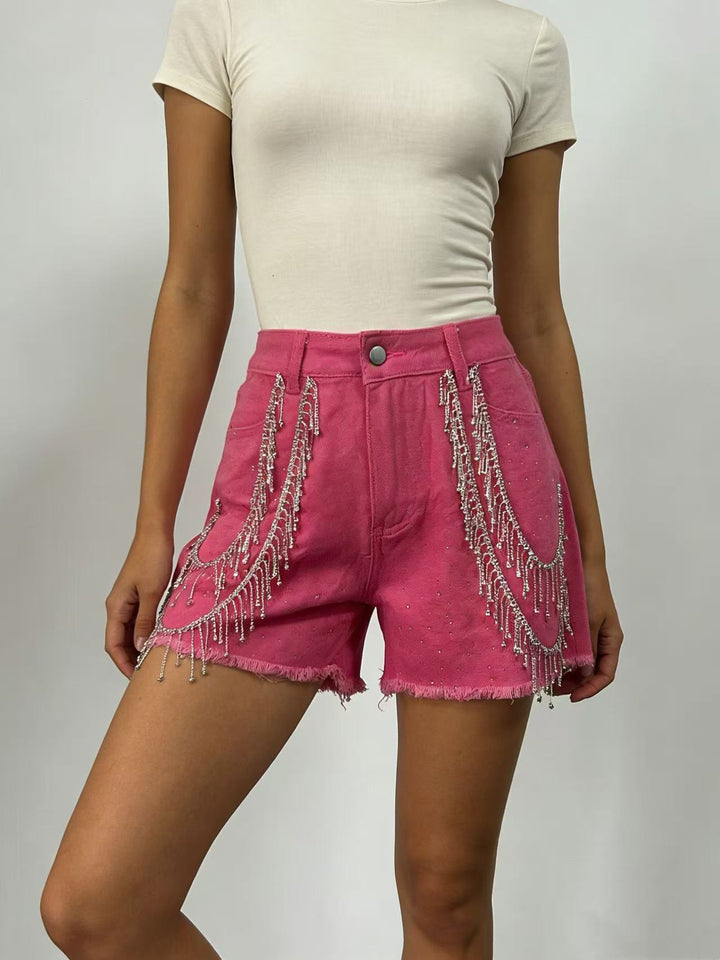 Damen Designer Denim-Shorts mit trendigen Kettenverzierungen Drune
