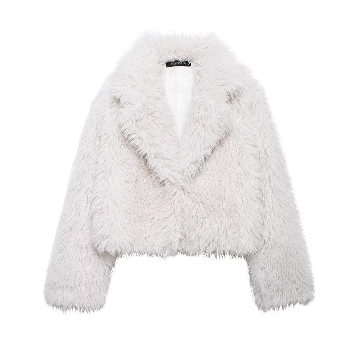 Damen nan kurze kuschelige Kunstfell-Cropped-Jacke mit großzügigem Schalkragen und offener Front Drune