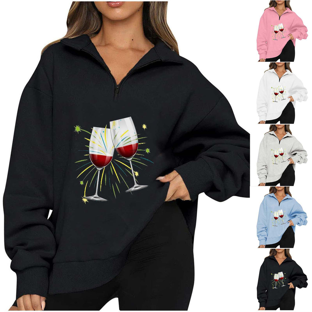 Damen Oversized Pullover mit Reißverschluss und fröhlichem Party-Motiv Drune