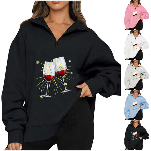 Damen Oversized Pullover mit Reißverschluss und fröhlichem Party-Motiv Drune