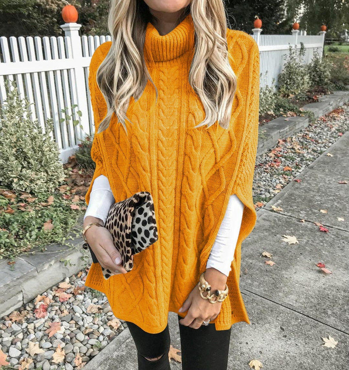 Damen Strickponcho mit hohem Kragen und dekorativem Zopfmuster Drune