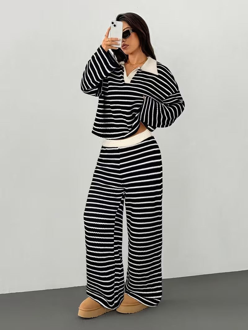 Damen lässiges Strick-Set mit breiten Streifen und samtigem Kragen Drune