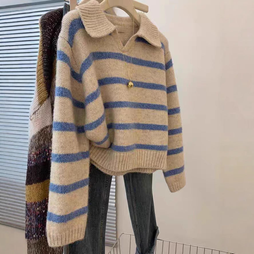 Damen Strickpullover mit V-Ausschnitt und strukturiertem Streifenmuster Drune