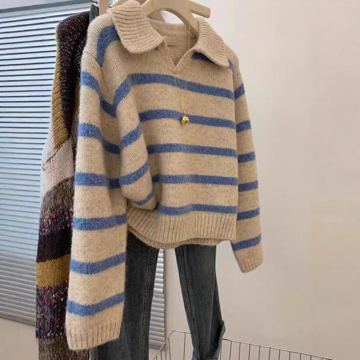 Damen Strickpullover mit V-Ausschnitt und strukturiertem Streifenmuster Drune