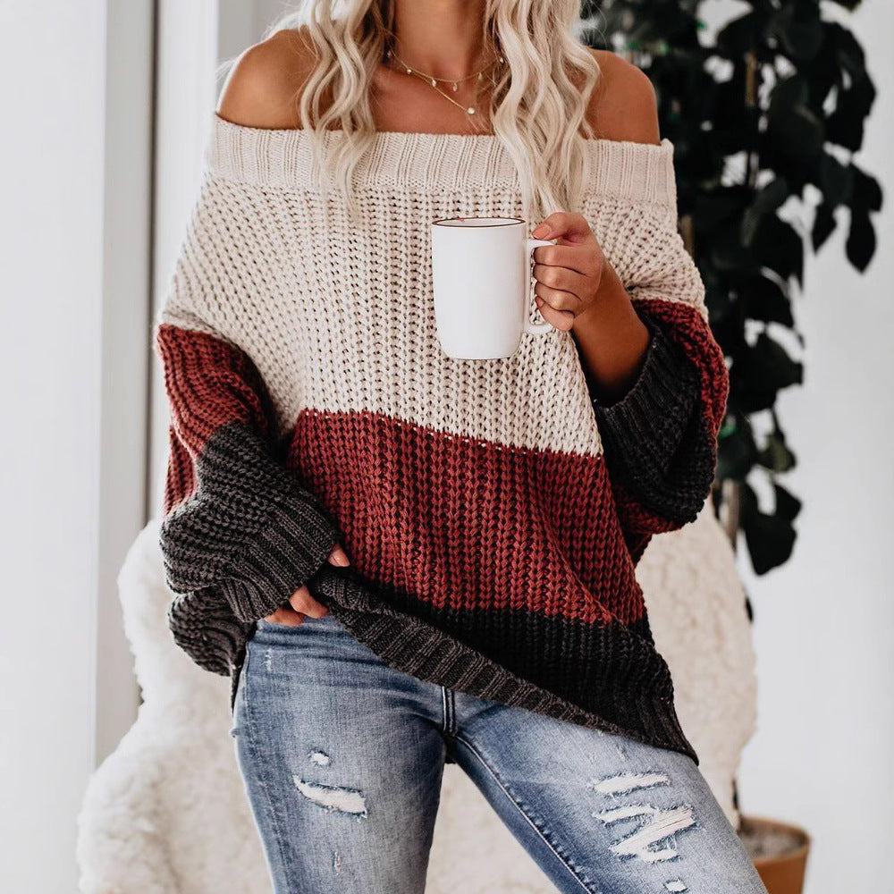 Damen lässiger Grobstrickpullover mit Off-Shoulder Design und dekorativer Farbkombination Drune
