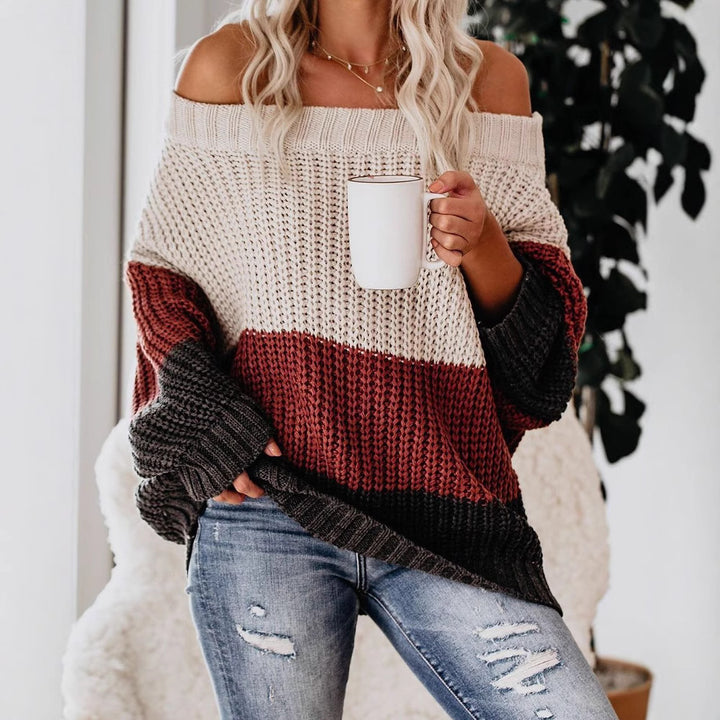 Damen lässiger Grobstrickpullover mit Off-Shoulder Design und dekorativer Farbkombination Drune