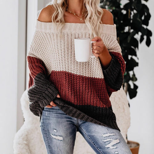 Damen lässiger Grobstrickpullover mit Off-Shoulder Design und dekorativer Farbkombination Drune