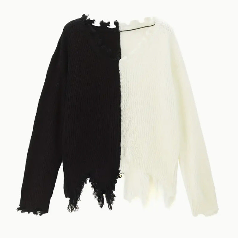 Damen Modischer Pullover mit asymmetrischem Design und Fransen Drune
