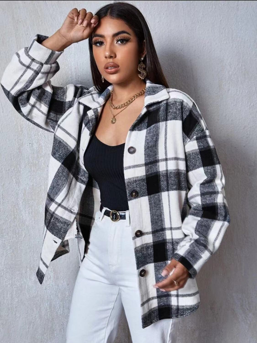 Damen Karo Hemdjacke mit weichem Fleece-Material und lässigem Schnitt Drune