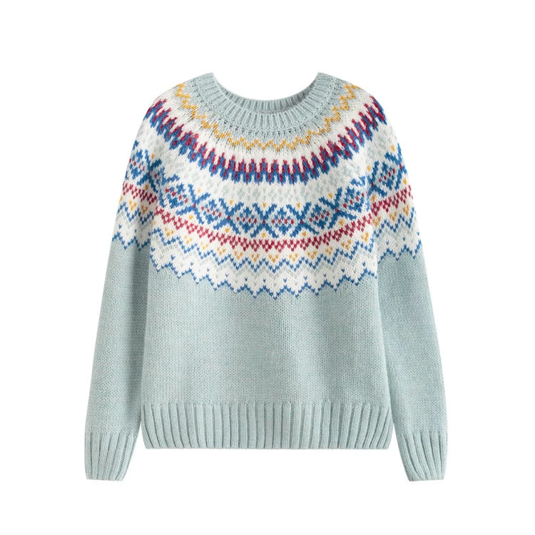 Damen nan melierter Rundhalsausschnittpullover mit kreisförmigem Jacquard-Yoke und geripptem Saum Drune