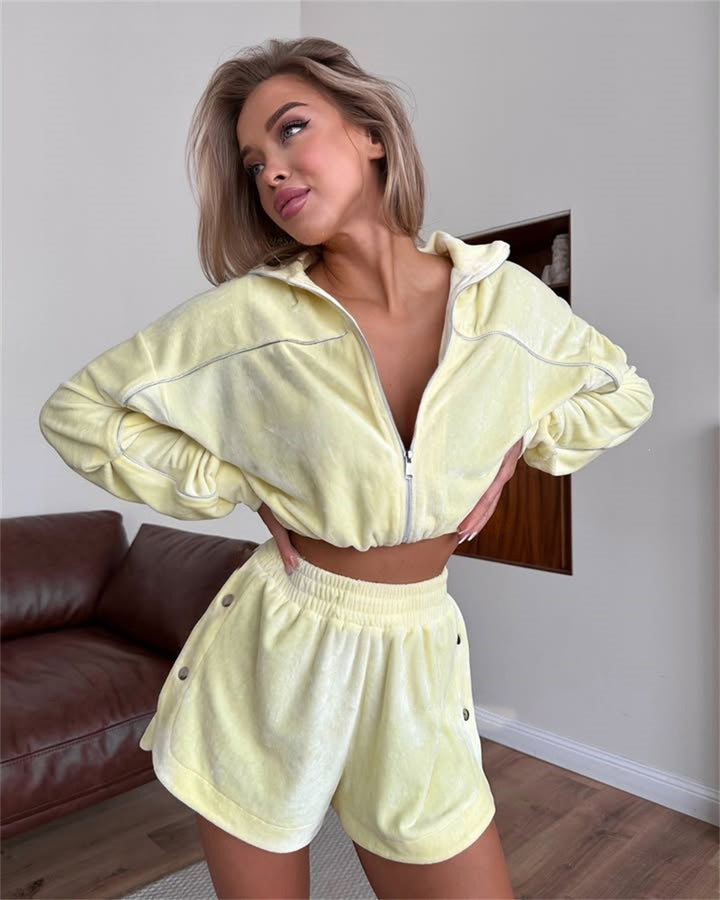 Damen nan kurzes Velours-Lounge-Set mit Cropped Zip-Hoodie und elastischer Highwaist-Shorts Drune