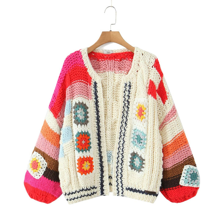 Damen modische Strickjacke mit bunten Häkelmotiven Drune