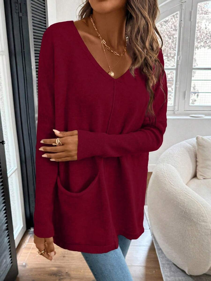 Damen Lässiger Pullover mit V-Ausschnitt und aufgesetzten Taschen Drune