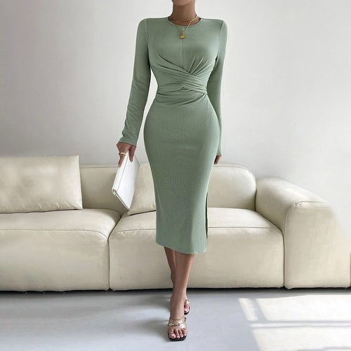 Damen figurbetontes Wickelkleid mit langen Ärmeln und elegantem Raffungseffekt Drune