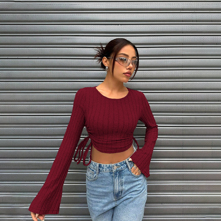 Damen cropped Langarmoberteil mit modischem Rippstrick und Bindedetail Drune
