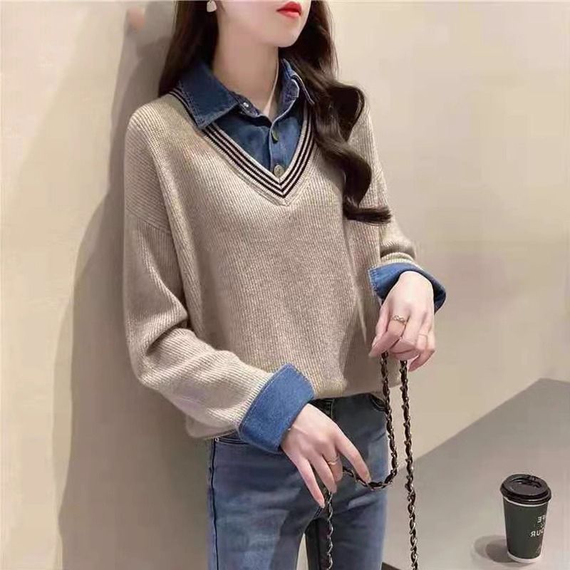 Damen lässiger Strickpullover mit schickem Hemdkragen Drune
