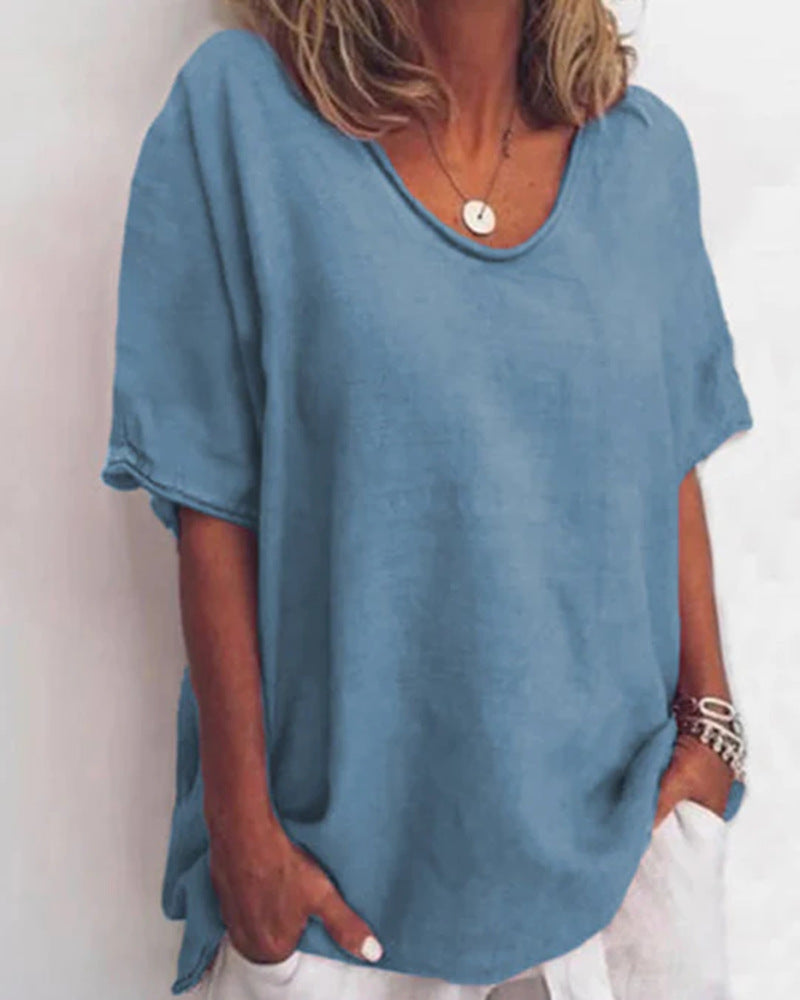 Damen nan weit geschnittenes Leinenmix-Relaxshirt mit Rundhalsausschnitt, überschnittenen Ärmeln und seitlichen Schlitzen Drune