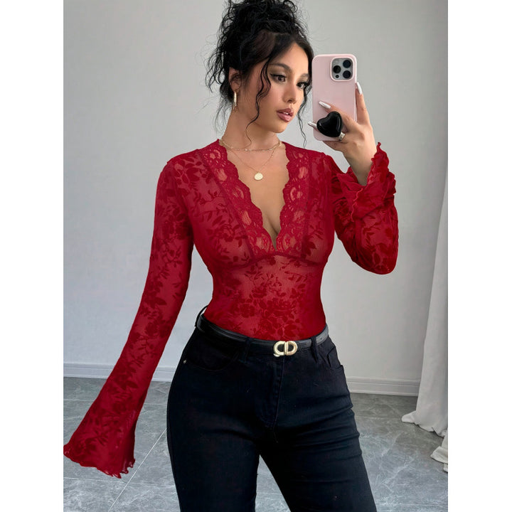 Damen Spitzen-Bodysuit mit tiefem V-Ausschnitt und romantischen Rüschendetails Drune