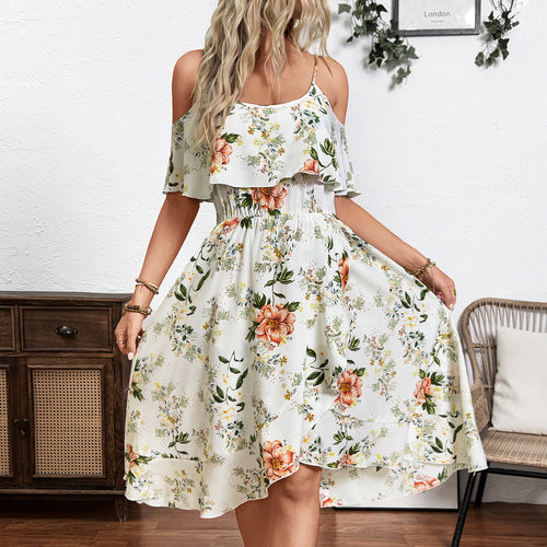 Damen Blume Dekolleté Kleid mit schwingendem Saum und lockerem Schnitt Drune