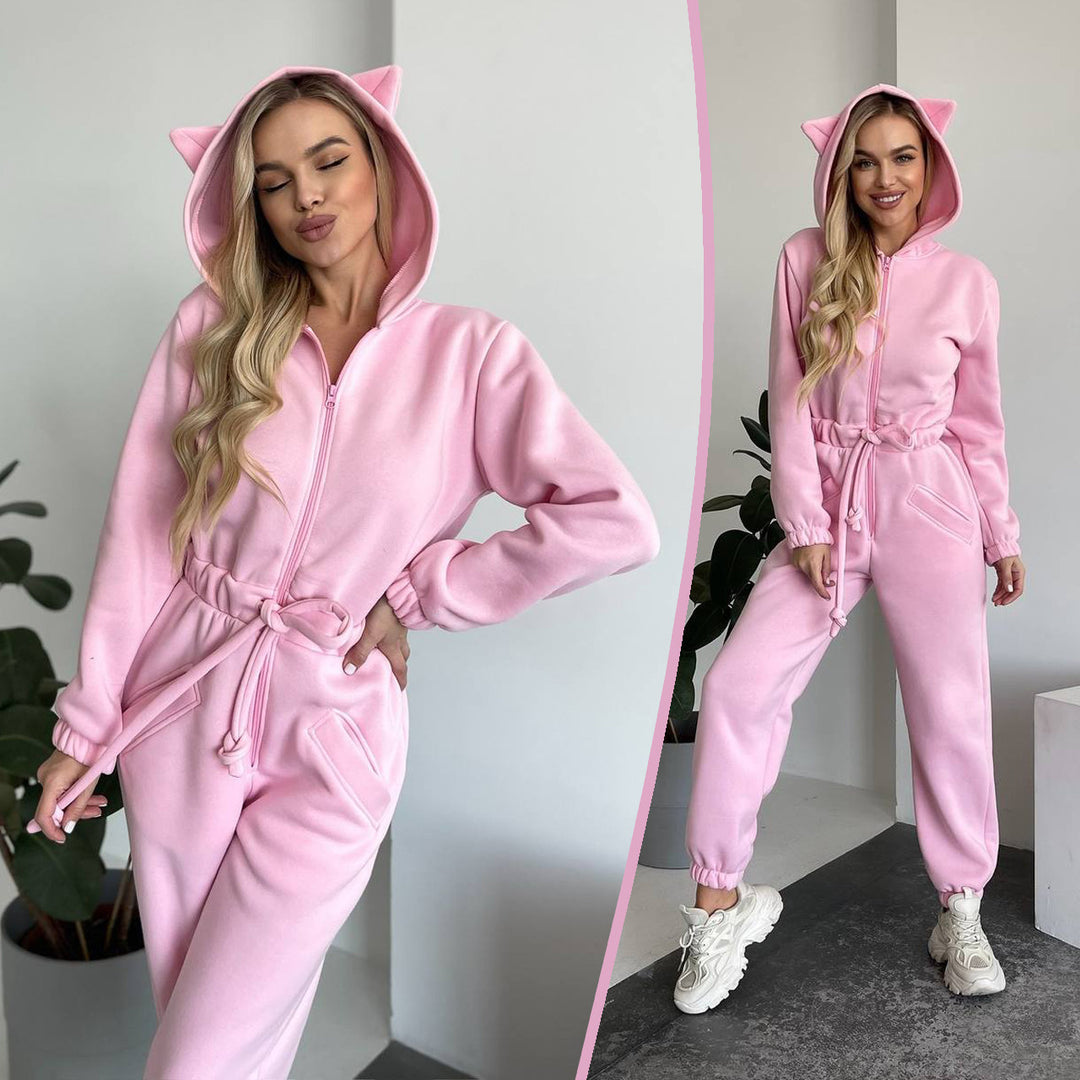 Damen Kuscheliger Jumpsuit mit Känguru-Taschen und Tierohren Drune