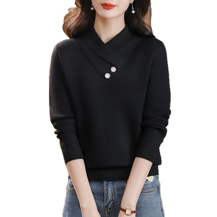 Damen eleganter Strickpullover mit schickem V-Ausschnitt und dekorativen Knopfdetails Drune