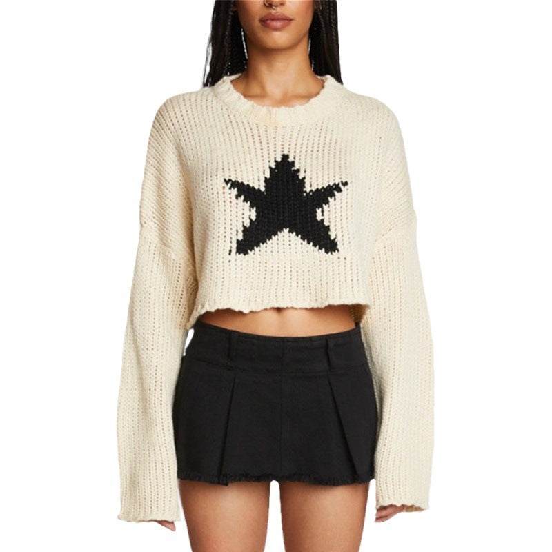 Damen modischer Grobstrickpullover mit trendy Sternenapplikation Drune