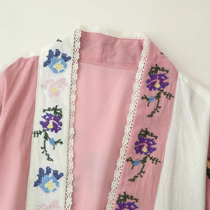 Damen Kimono-Jacke mit floralen Stickereien und elegantem Kragen Drune