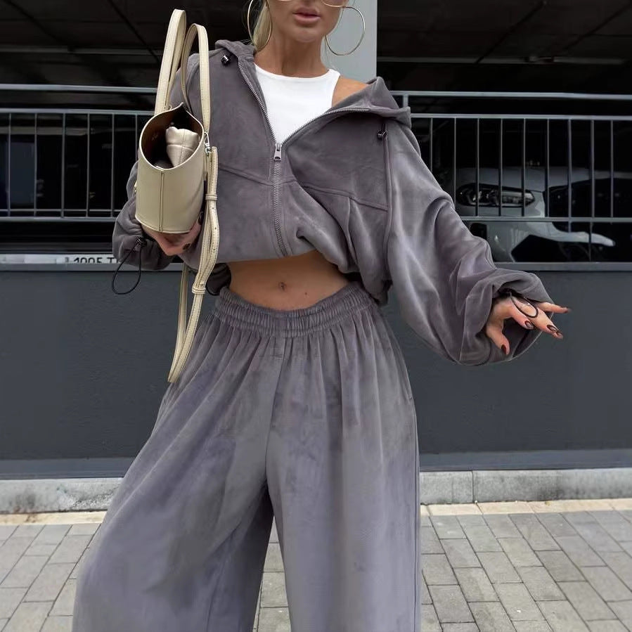 Damen Sportlicher Fleece-Anzug mit weiter Passform und Kapuze Drune