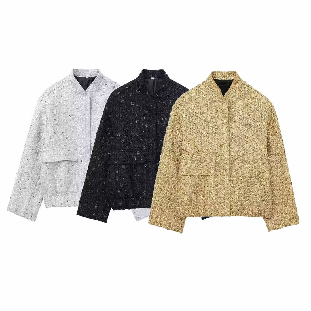 Damen nan strukturierte Boucléjacke mit Stehkragen, aufgesetzten Taschen und elastischem Saum Drune