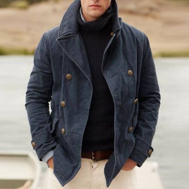 Herren Winddichte Fischerjacke mit doppelter Knopfleiste und hohem Kragen Drune