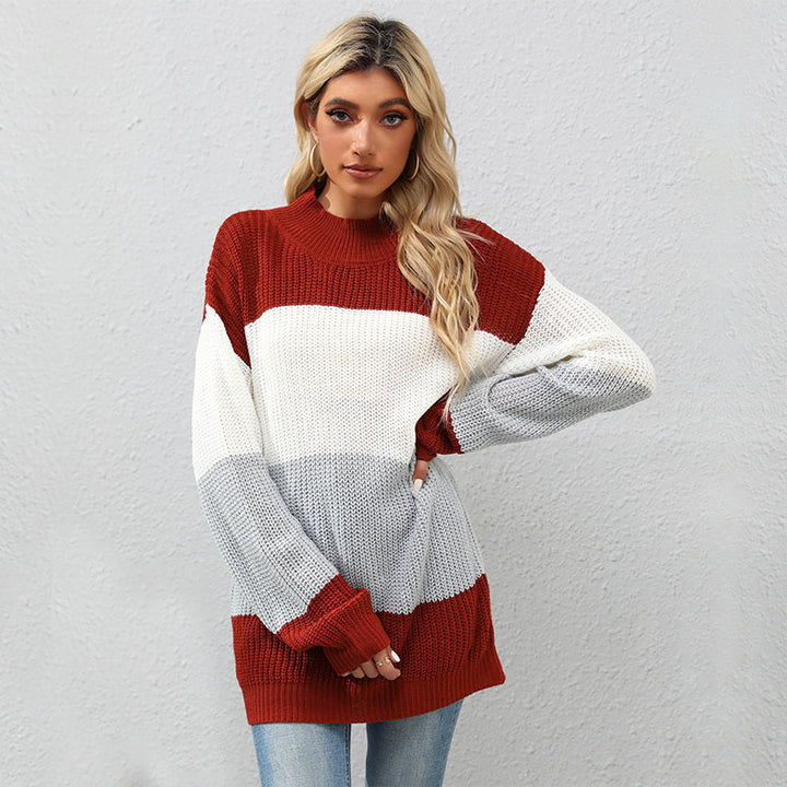 Damen Strickpullover mit hohem Kragen und modernen Blockstreifen Drune