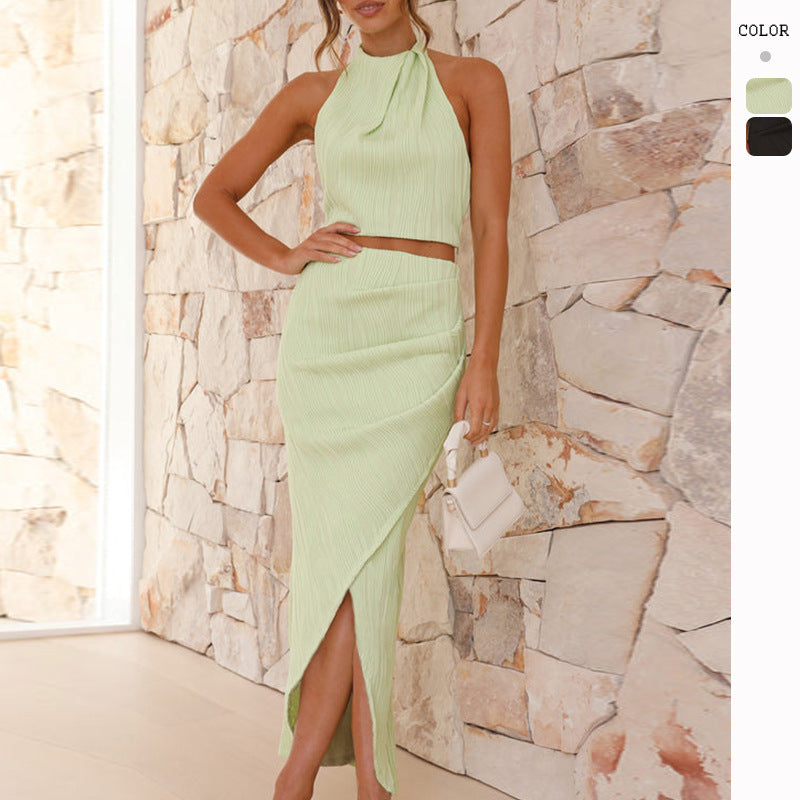 Damen Kleidungsset mit hochgeschlossenem Oberteil und eleganter Schlitz-Rockpartie Drune