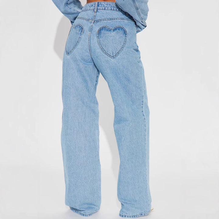 Damen nan hochgeschnittene Weitbein-Jeans mit taillierendem Bund, klassischem Five‑Pocket‑Schnitt und fließendem Bein Drune