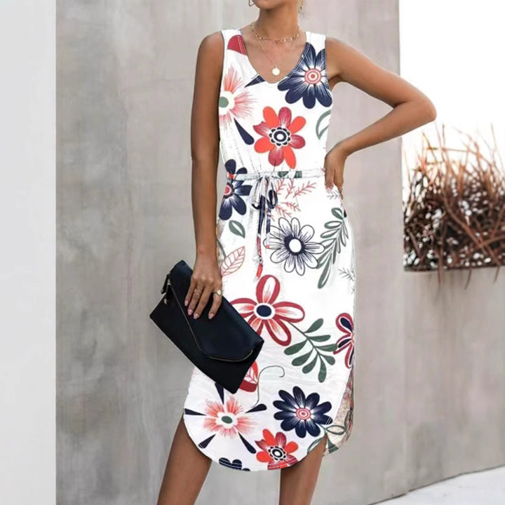 Damen Blumenmaxikleid mit elastischem Taillenkordelzug und seitlichem Schlitz Drune