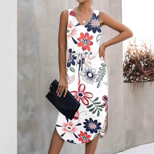 Damen Blumenmaxikleid mit elastischem Taillenkordelzug und seitlichem Schlitz Drune
