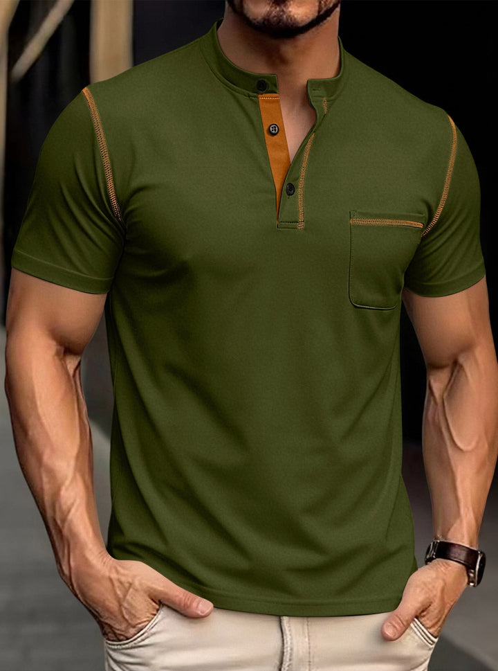 Herren nan modernes Kurzarm-Henley mit Stehkragen, Kontrastnähten und aufgesetzter Brusttasche Drune