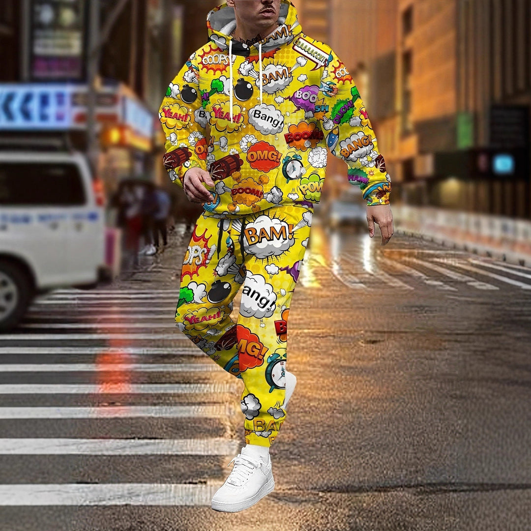 Herren Hoodie und Jogginghose im Comic-Stil mit buntem Druck Drune