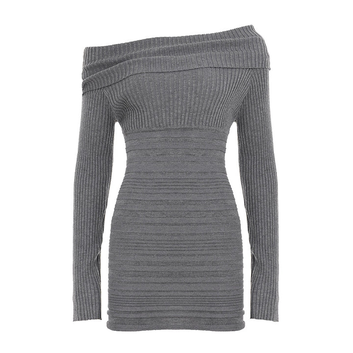 Damen nan schulterfreies figurbetontes Rippenstrick-Kleid mit Umschlagkragen, Längsraffung und Langarm Drune