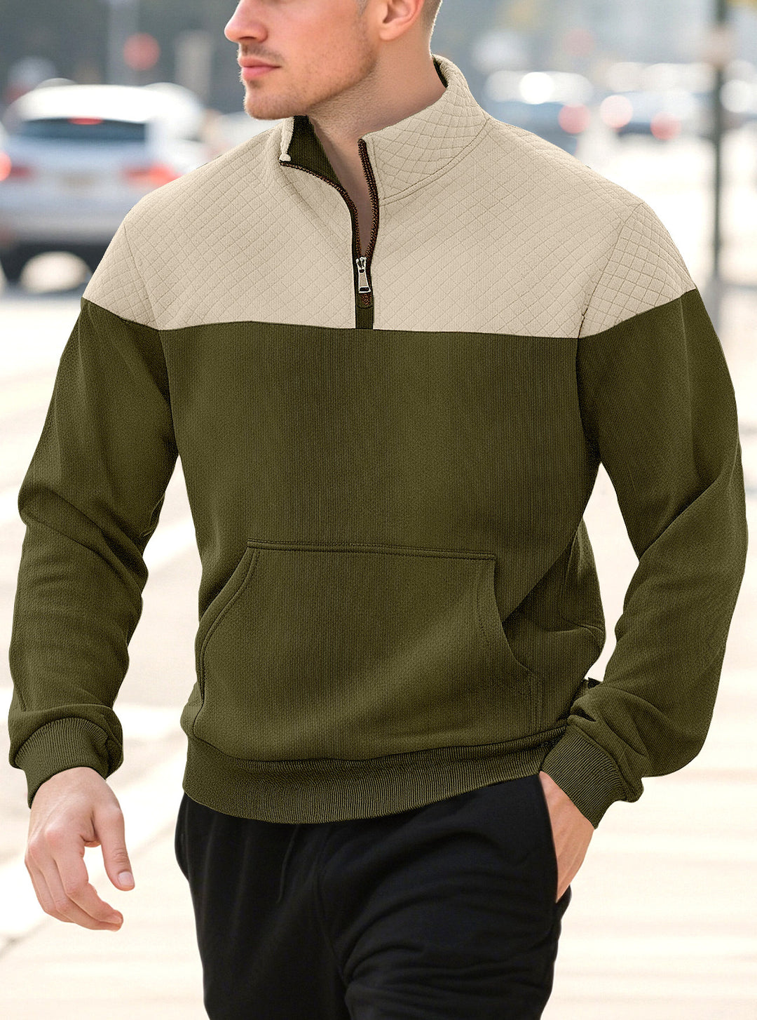 Herren nan Halbzip-Sweatshirt mit gesteppter Schulterpartie Kängurutasche und gerippten Bündchen Drune